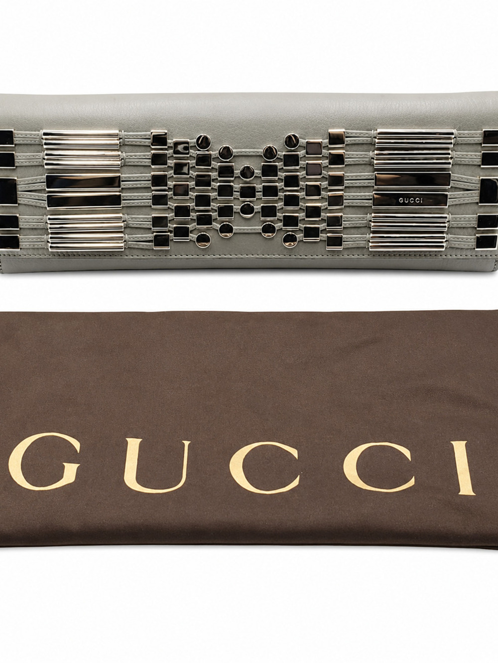 GUCCI Metal Embellished Broadway Clutch in Grey Leather